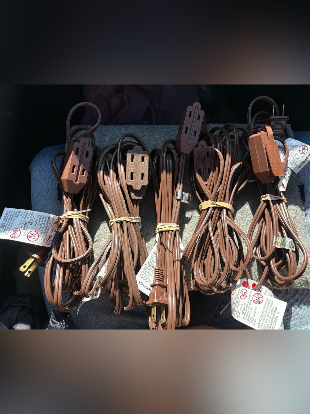 Lot of 5 brown extension cords - 15 ft- 3 two prong outlets